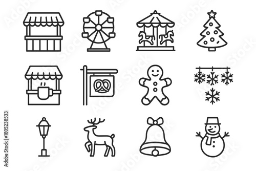 Winter Fair Icons. Winter Fair. Line outline icon set of snowy festive market: wooden stall, ferris wheel,