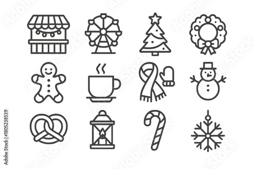 Holiday Market Icons. Holiday Market Scene. Line outline icon set of christmas fair details: cozy stall,