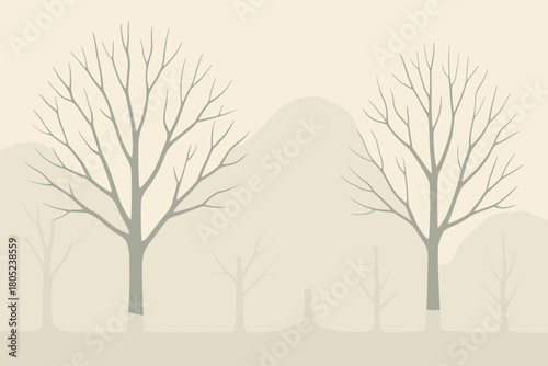 Foggy Bare Trees. minimalist flat illustration of bare trees in dense fog, soft white and gray tones, retro