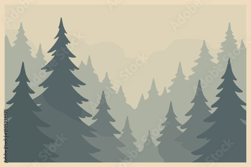 Abstract Misty Forest. minimalist flat illustration of abstract forest forms fading into mist, muted gray and