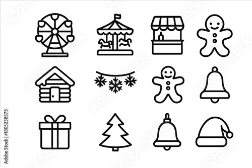 Christmas Icon Set. Christmas Fairground. Line outline icon set of festive market and rides: ferris wheel,