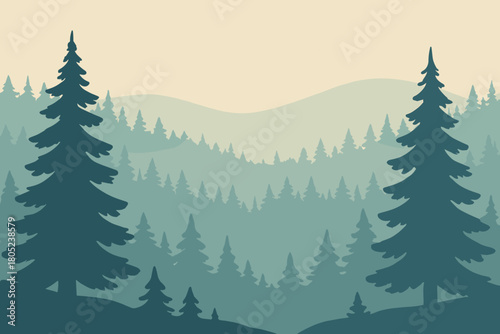 Foggy Forest Silhouettes. minimalist flat illustration of a peaceful fog-covered forest scene, layered
