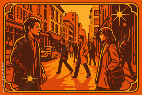 Retro Street Vibe. Street photography. 70s poster vibe, warm orange gradient fills, thick outlines, offset