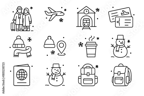 Snowy Travel Icons. Traveling Couple. Line outline icon set of couple on snowy trip: man and woman in coats