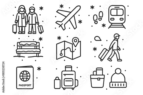 Winter Travel Icons. Couple Traveling in Snow. Line outline icon set of travelers in winter: couple in coats