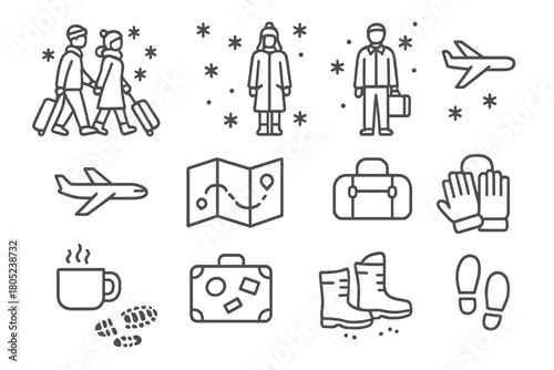 Winter Travel Icons. Snowy Trip. Line outline icon set of travelers in wintertime: couple with rolling luggage