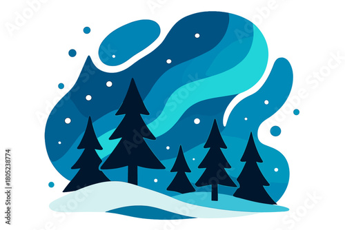 Aurora Pine Silhouettes. Peaceful winter glow. Abstract pine silhouettes rise from a snow-covered field