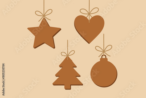 Retro Wooden Ornaments. minimalist flat illustration of wooden ornaments tied with string, simple arrangement,