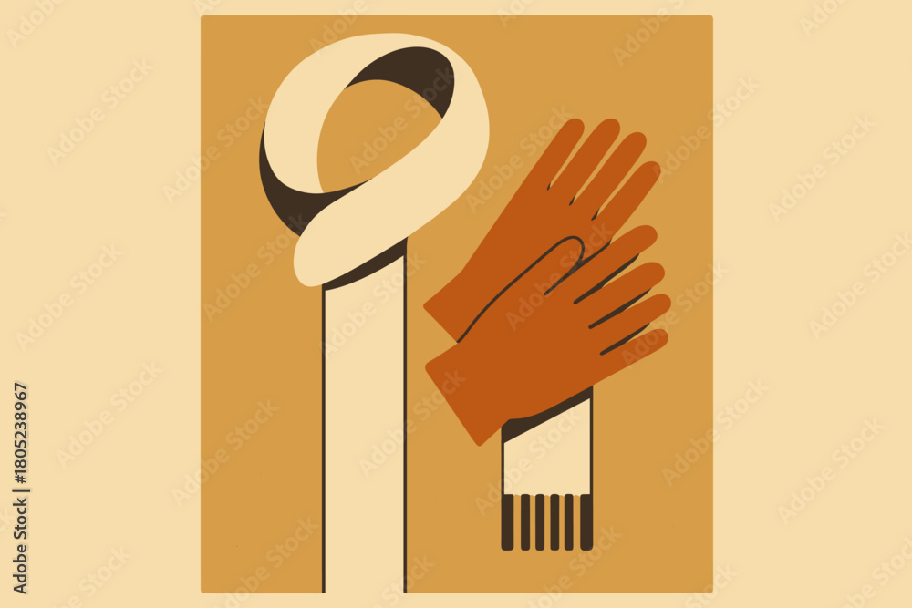 Fototapeta premium Vintage Winter Geometry. minimalist flat illustration of scarf and gloves forming geometric composition,