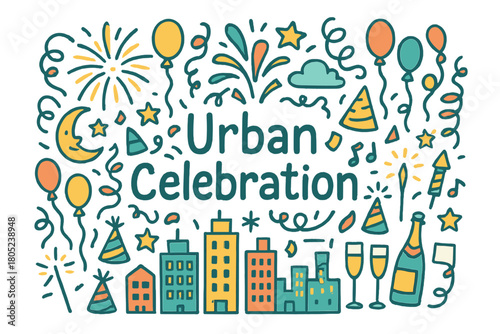 Urban Festivity Doodle. Urban celebration. Hand-drawn doodle illustration of urban celebration. Fireworks,