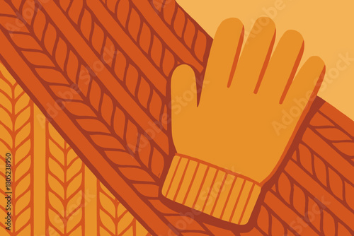 Knitted Warmth Aesthetic. minimalist flat illustration of close-up texture of a knitted scarf and gloves, flat