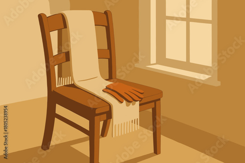 Scarf and Gloves Still Life. minimalist flat illustration of a scarf and gloves resting on a chair beside a