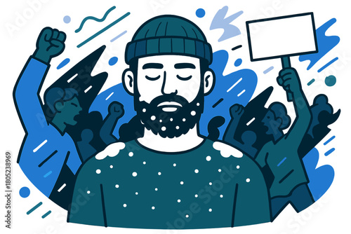 Silent Snowfall Resilience. Silent resistance. The man stands still with eyes closed, beard covered in frost,