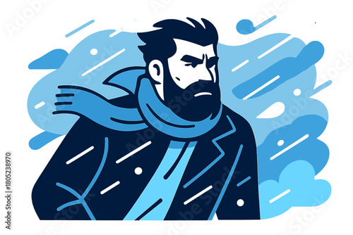 Bearded Man in Snowstorm. Bearded man in snowstorm. A rugged man with a thick beard stands against strong wind