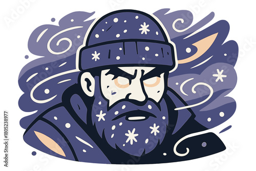 Focused in the Blizzard. Blizzard portrait. Snowflakes cling to a bearded face under a heavy hat, eyes glowing
