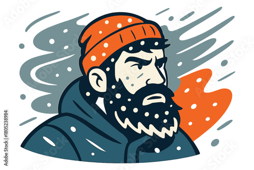 Frozen Resolve. Facing the blizzard. A close-up of a man’s determined face framed by a frozen beard,