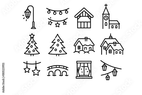 Evening Festive Icons. Evening Old Town Lights. Line outline icon set of night festive streets: street lamp