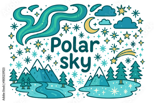 Aurora Doodle Illustration. Polar sky. Hand-drawn doodle illustration of polar sky. Aurora waves, glowing