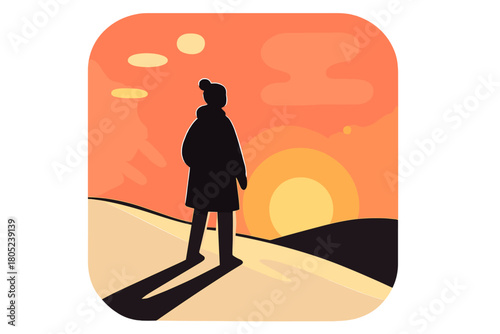 Winter Sunset Silhouette. Silhouette in winter sunset. A lone figure stands on a snowy hill beneath a glowing