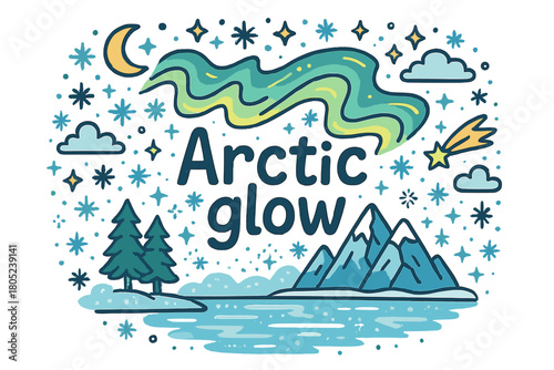 Arctic Glow Illustration. Arctic glow. Hand-drawn doodle illustration of arctic glow. Aurora waves, frozen