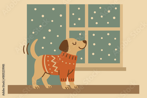 Festive Dog by Window. minimalist flat illustration of a dog wagging its tail near a window in a festive