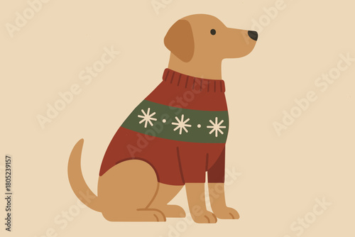 Christmas Dog Illustration. minimalist flat illustration of a dog sitting proudly in a Christmas sweater, soft