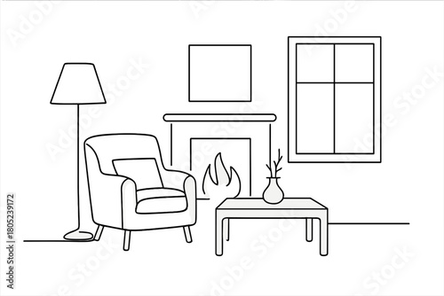 Minimalist Winter Interior. Winter Stillness. Minimalistic one-line drawing peaceful home interior with subtle