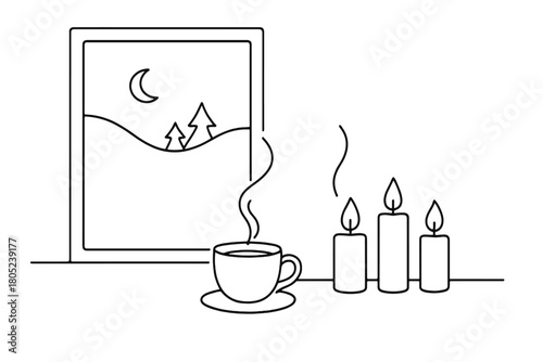 Minimalist Winter Calm. Evening Calm. Minimalistic one-line drawing dimly lit winter room with candles and cup