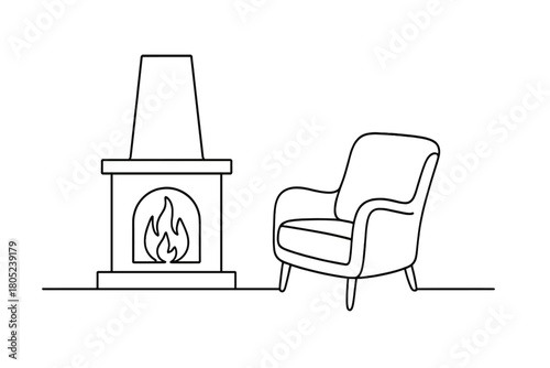 Minimalist Fireplace Scene. Winter Comfort. Minimalistic one-line drawing fireplace and armchair softly