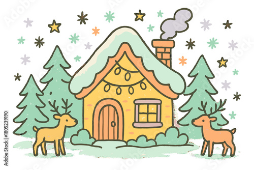 Enchanting Snow Cottage. "Fairytale snow cottage". Playful doodle of cottage surrounded by reindeer, pine