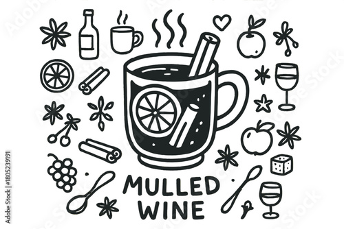 Mulled Wine Doodle. Mulled Wine. Hand-drawn doodle illustration of a close-up glass of steaming mulled wine.