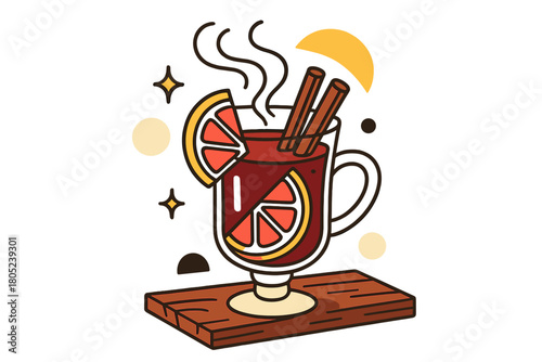 Mulled Wine Delight. Hot mulled wine on wooden table. A steaming glass of mulled wine with orange slices and