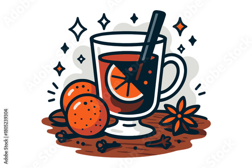 Festive Mulled Wine Scene. Warm festive drink. Mulled wine glass surrounded by glowing oranges, star anise,