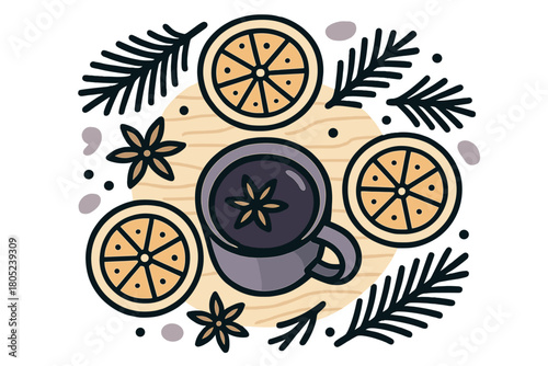 Festive Tabletop Delight. Christmas table aroma. Top-down view of wooden table with a mug of hot wine, orange