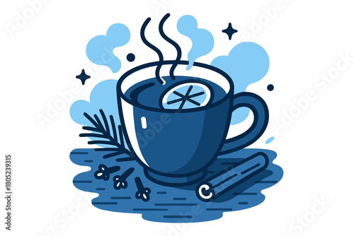 Cozy Mulled Wine Scene. Cozy evening drink. A cup of steaming mulled wine on a rustic table with cloves,