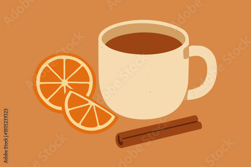 Retro Apple Cider Scene. minimalist flat illustration of apple cider in a ceramic cup, orange slices and