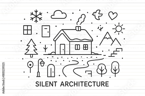 Silent Snowy Architecture. Silent Architecture. Hand-drawn doodle illustration of calm minimal snowy