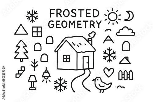 Frosted Geometric Building. Frosted Geometry. Hand-drawn doodle illustration of geometric minimalist winter