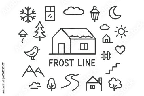 Frost Line Architecture Doodle. Frost Line. Hand-drawn doodle illustration of clean linear winter architecture