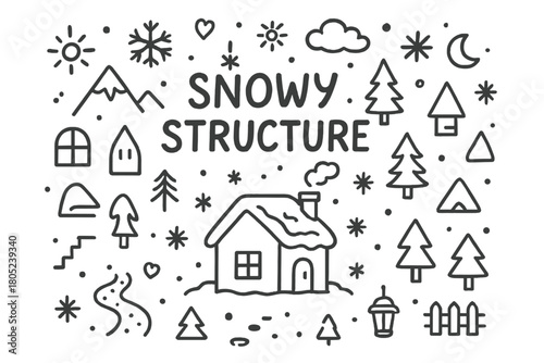 Snowy Doodle Architecture. Snowy Structure. Hand-drawn doodle illustration of minimal building in snow. In the