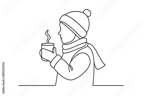 Cozy Winter Moments. Cold Weather Fun. Minimalistic one-line drawing child holding hot cocoa in colorful