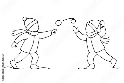 Snowball Fight Art. Snow Play. Minimalistic one-line drawing children throwing snowballs in warm winter