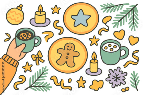 Festive Holiday Table. "Holiday table flat lay". Large child-like hand-drawn doodle illustration of a festive