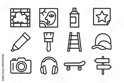 Street Culture Icons. Street culture expression. Line outline icon set of street culture expression: graffiti