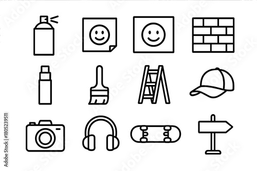 Spray Painting Icons. Spray painting culture. Line outline icon set of spray painting culture: spray paint can