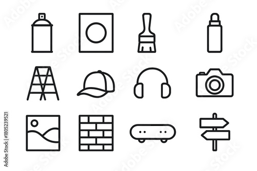Street Art Icon Set. Street art tools. Line outline icon set of street art tools: spray paint can, stencil,