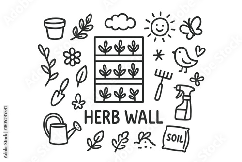 Herb Wall Doodle. Herb Wall. Hand-drawn doodle illustration of Herb Wall. In the middle, one slightly larger