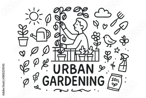Urban Gardening Doodle. Urban Gardening. Hand-drawn doodle illustration of Urban Gardening. In the middle, one
