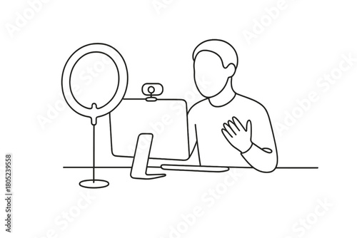 Minimalist Live Streaming. Live Streaming. Minimalistic one-line drawing person in front of webcam and ring
