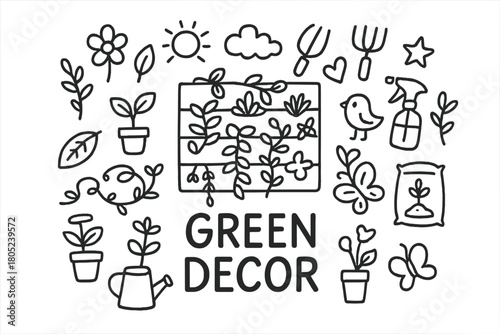 Doodle Garden Decor. Green Decor. Hand-drawn doodle illustration of Green Decor. In the middle, one slightly